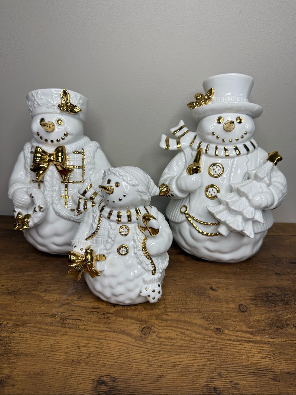 Vintage Traditions White & Gold 3 Piece Snowman Porcelain Holiday Figurine Set